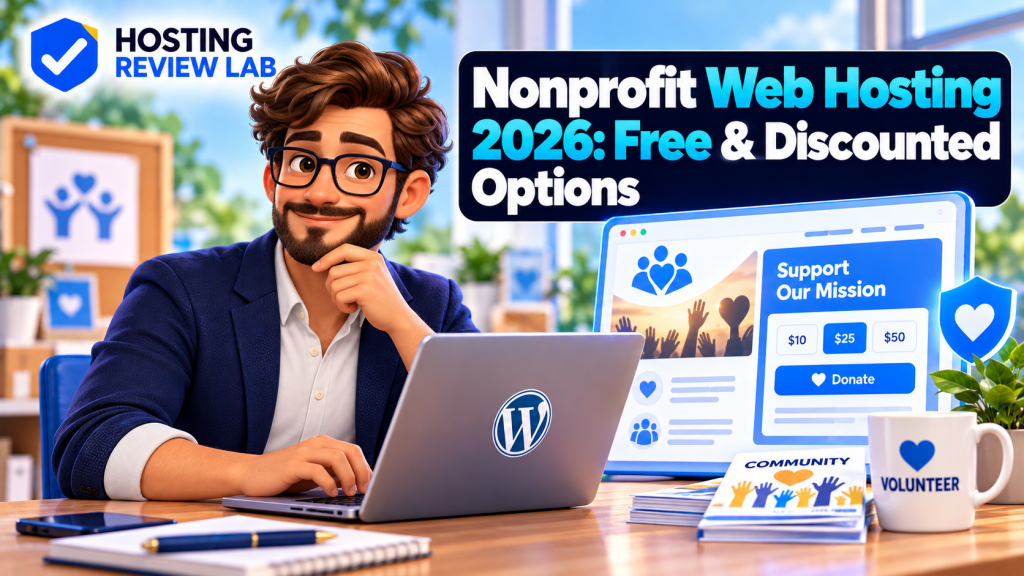 Hosting Review Lab editorial illustration for nonprofit web hosting