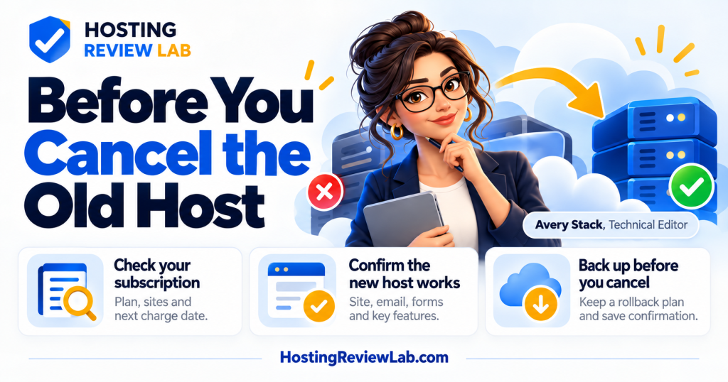 Illustrated Before You Cancel the Old Host guide with Hosting Review Lab editor Avery Stack
