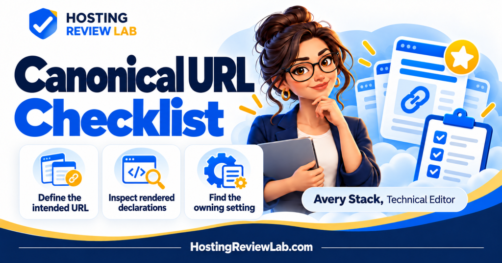 Illustrated Canonical URL Checklist: Consistent Page, Link and Sitemap Signals checklist with Hosting Review Lab technical editor Avery Stack