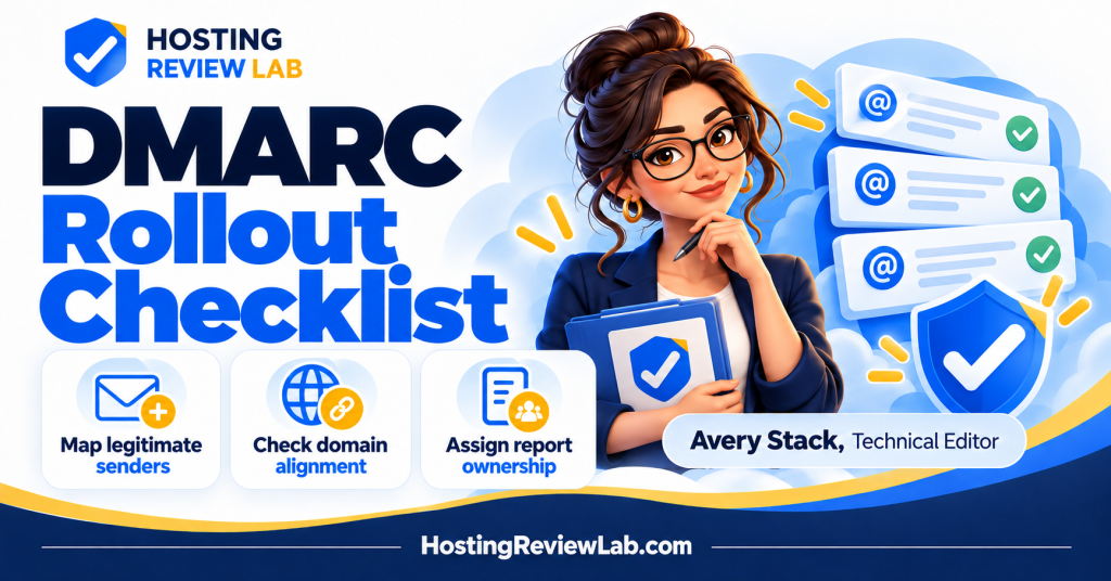 Illustrated DMARC Rollout Checklist: Alignment, Reports and Enforcement guide with Hosting Review Lab technical editor Avery Stack