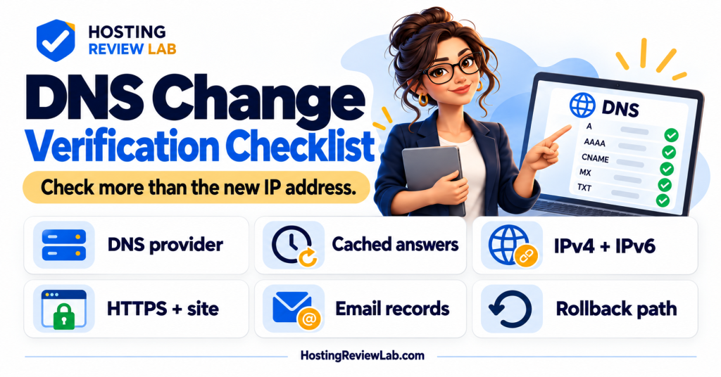 Avery Stack presents six DNS verification checks: DNS provider, cached answers, IPv4 and IPv6, HTTPS and website, email records, and rollback path.