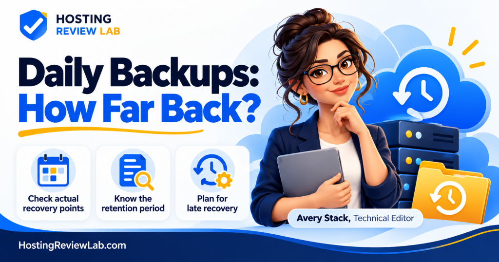 Illustrated Daily Backups: How Far Back? guide with Hosting Review Lab editor Avery Stack