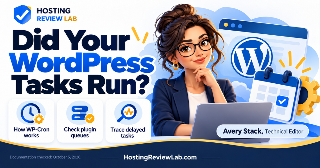 Illustrated Did Your WordPress Tasks Run? guide with Hosting Review Lab editor Avery Stack
