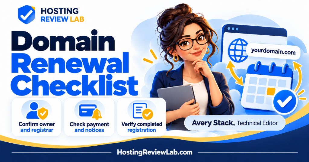 Illustrated Domain Renewal Checklist: Ownership, Billing and Verification guide with Hosting Review Lab technical editor Avery Stack
