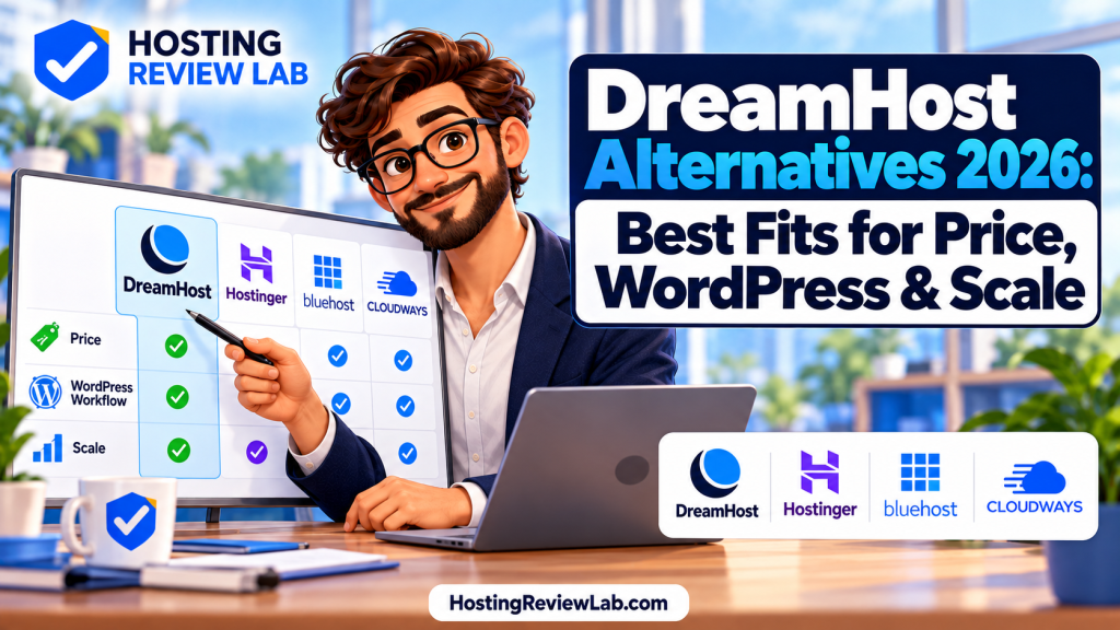 Illustrated DreamHost Alternatives 2026 cover featuring HRL editor Avery Stack
