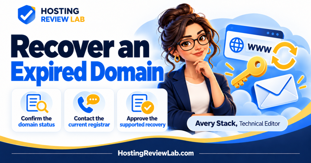 Illustrated Expired Domain Recovery Checklist: Status, Registrar and Service Checks guide with Hosting Review Lab technical editor Avery Stack