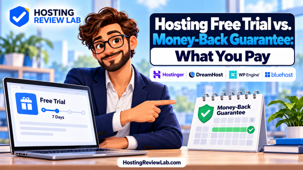 Illustrated Hosting Free Trial vs. Money-Back Guarantee cover featuring HRL editor Jordan Price