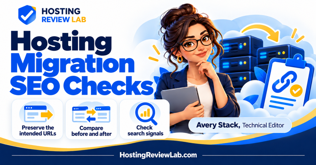 Illustrated Hosting Migration SEO Checklist: Verify the Move Without Changing URLs checklist with Hosting Review Lab technical editor Avery Stack