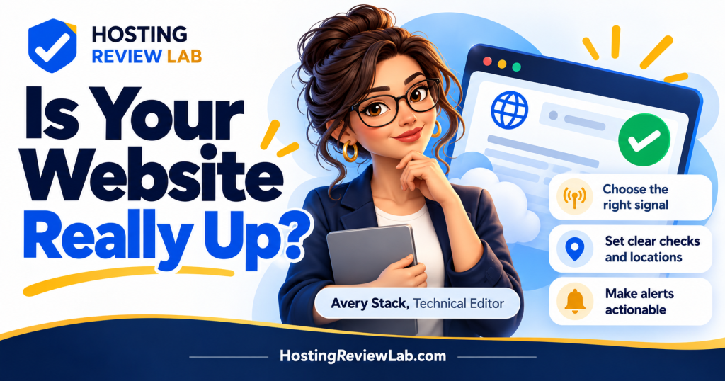 Illustrated Is Your Website Really Up? guide with Hosting Review Lab editor Avery Stack
