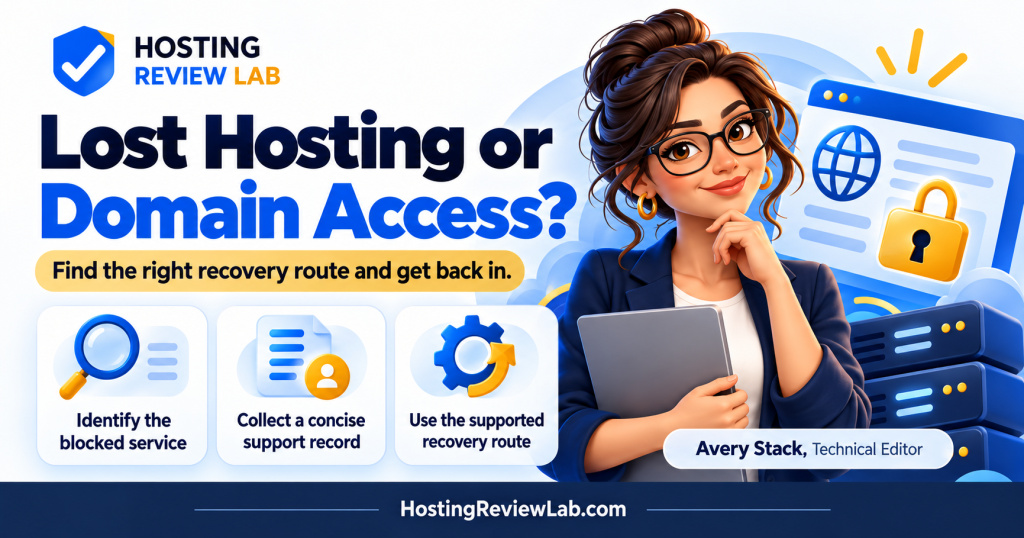 Illustrated Lost Hosting or Domain Access? guide with Hosting Review Lab editor Avery Stack