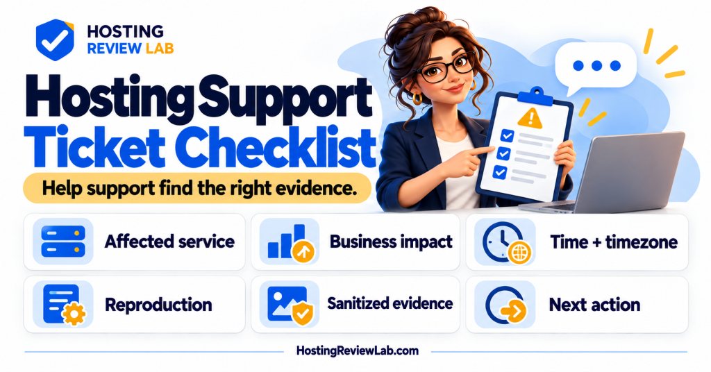 Illustrated Make Your Support Ticket Useful guide with Hosting Review Lab editor avery