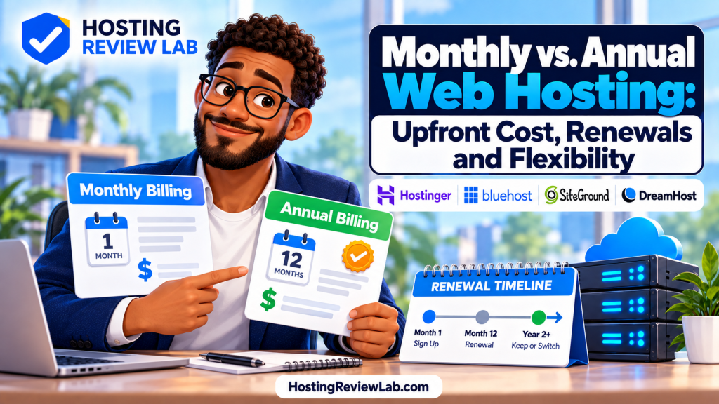 Illustrated Monthly vs. Annual Web Hosting cover featuring HRL editor Rowan Page