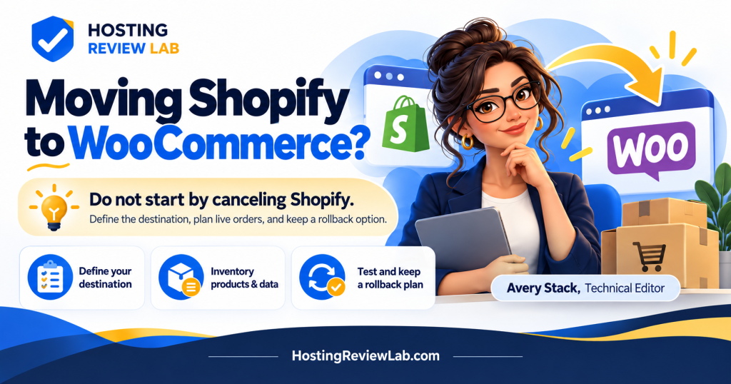 Illustrated Moving Shopify to WooCommerce? guide with Hosting Review Lab editor Avery Stack