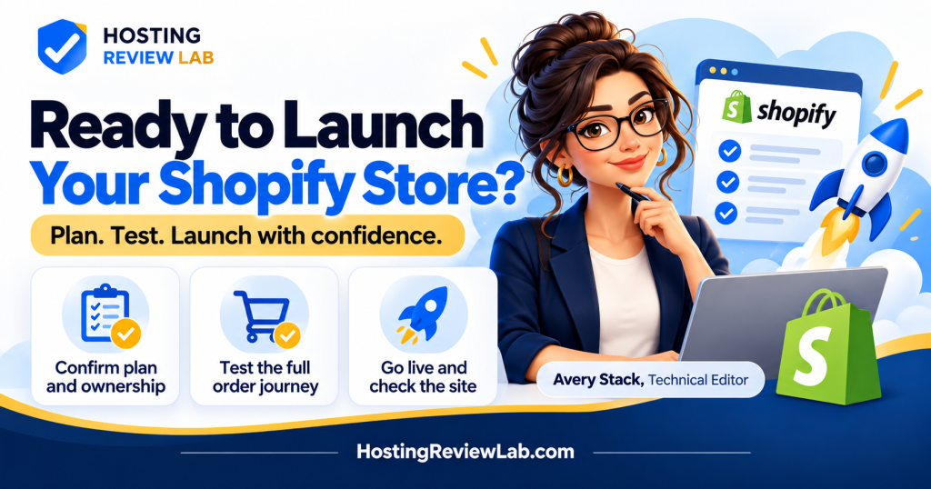 Illustrated Ready to Launch Your Shopify Store? guide with Hosting Review Lab editor Avery Stack