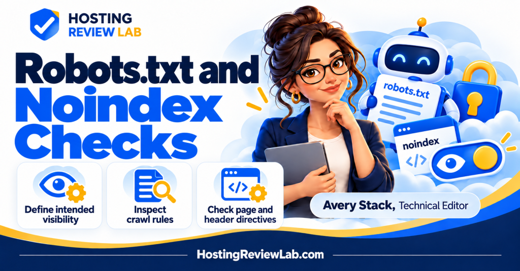 Illustrated Robots.txt and Noindex Checklist: Verify Search Visibility Controls checklist with Hosting Review Lab technical editor Avery Stack