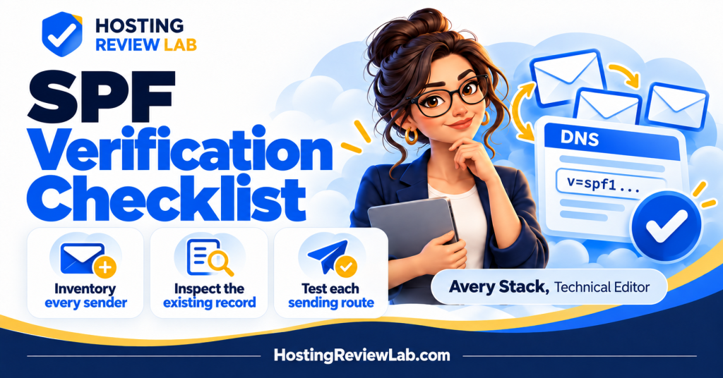 Illustrated SPF Record Verification Checklist: Senders, DNS and Message Tests guide with Hosting Review Lab technical editor Avery Stack
