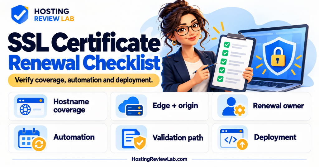 Avery Stack presents six SSL renewal checks: hostname coverage, edge and origin certificates, renewal owner, automation, validation path, and deployment.