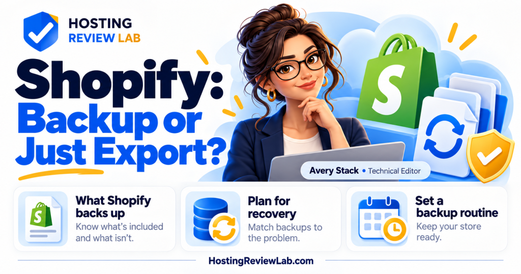 Illustrated Shopify: Backup or Just Export? guide with Hosting Review Lab editor Avery Stack