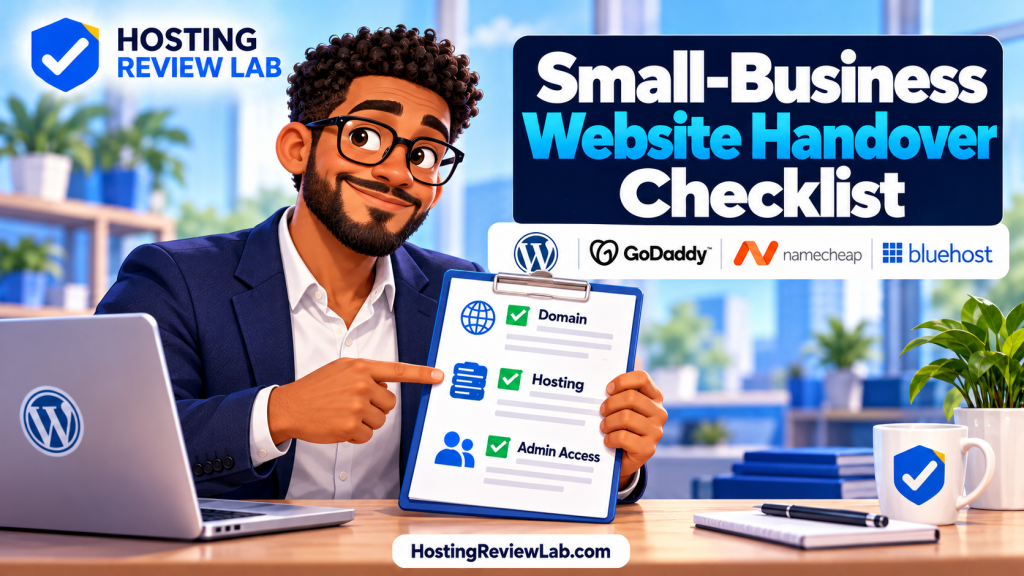 Illustrated Small-Business Website Handover Checklist cover featuring HRL editor Rowan Page
