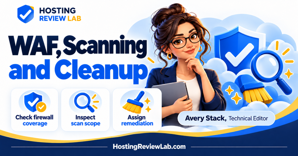 Illustrated WAF vs. Malware Scanning vs. Cleanup: What Hosting Security Includes guide with Hosting Review Lab technical editor Avery Stack