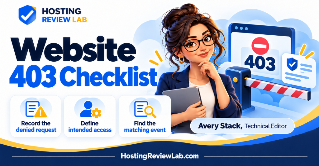 Illustrated Website 403 Forbidden Checklist: Access, Firewall and Origin Checks guide with Hosting Review Lab technical editor Avery Stack