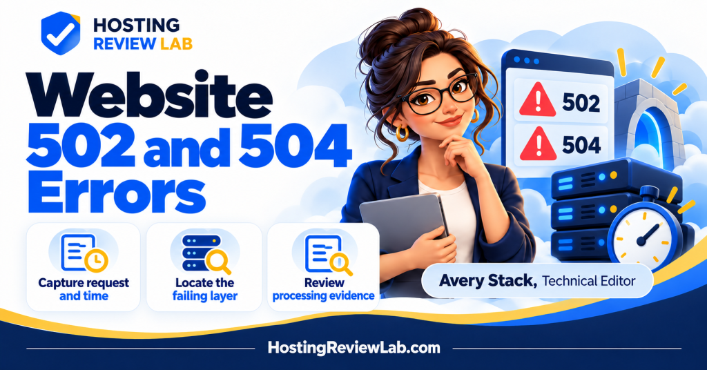 Illustrated Website 502 and 504 Errors: A Hosting Troubleshooting Checklist guide with Hosting Review Lab technical editor Avery Stack