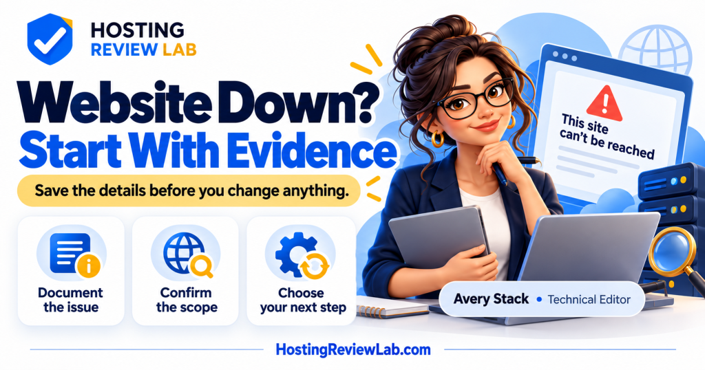 Illustrated Website Down? Start With Evidence guide with Hosting Review Lab editor Avery Stack