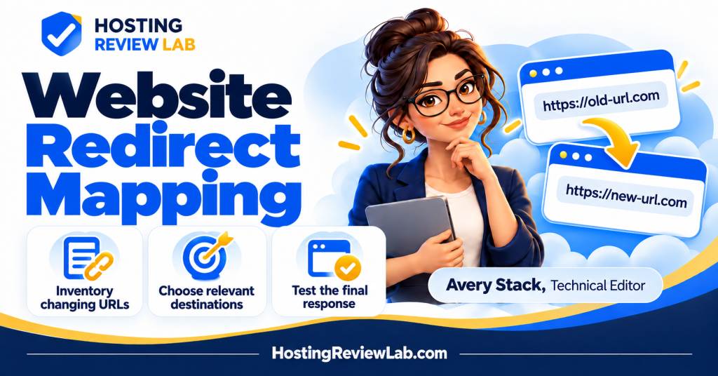 Illustrated Website Redirect Mapping Checklist: Old URLs to Relevant Destinations checklist with Hosting Review Lab technical editor Avery Stack