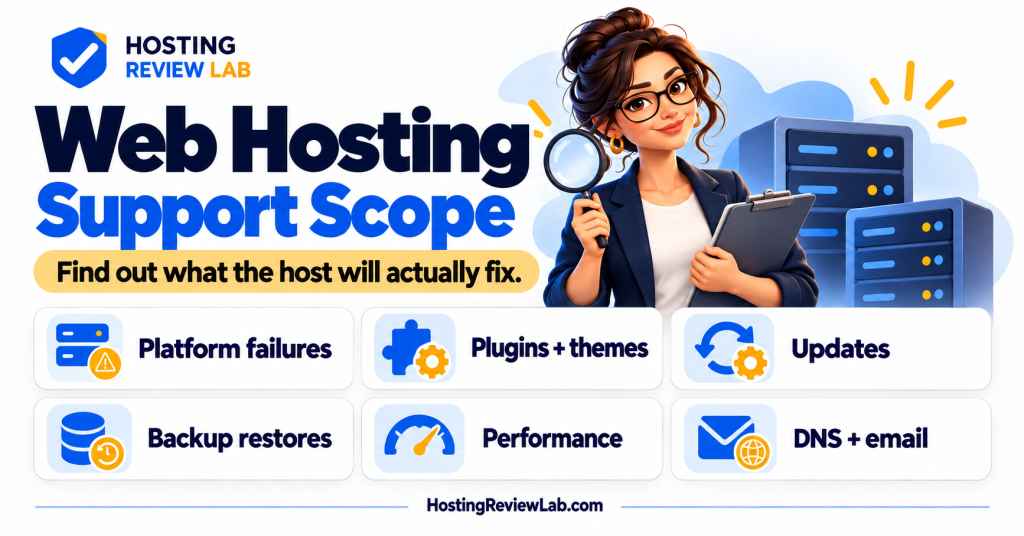 Illustrated What Will Hosting Support Fix? guide with Hosting Review Lab editor avery