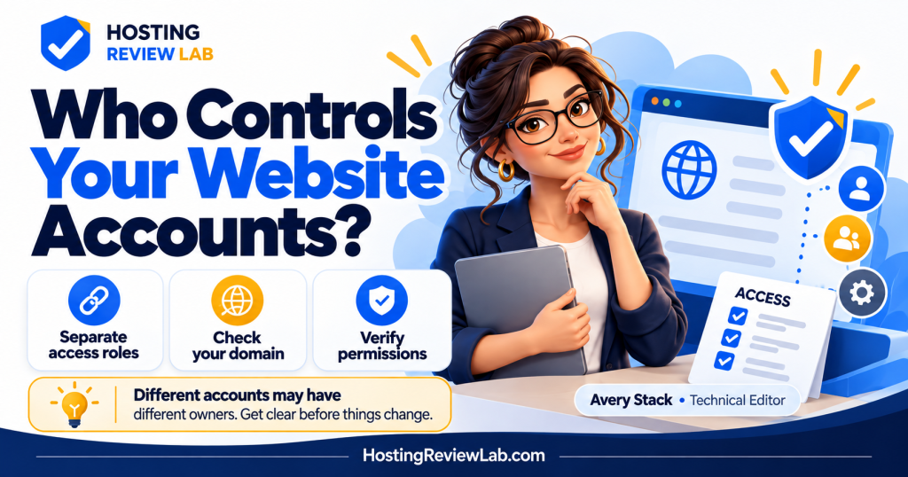 Illustrated Who Controls Your Website Accounts? guide with Hosting Review Lab editor Avery Stack