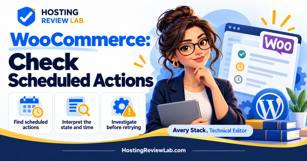 Illustrated WooCommerce: Check Scheduled Actions guide with Hosting Review Lab editor Avery Stack