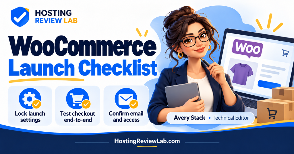 Illustrated WooCommerce Launch Checklist guide with Hosting Review Lab editor Avery Stack