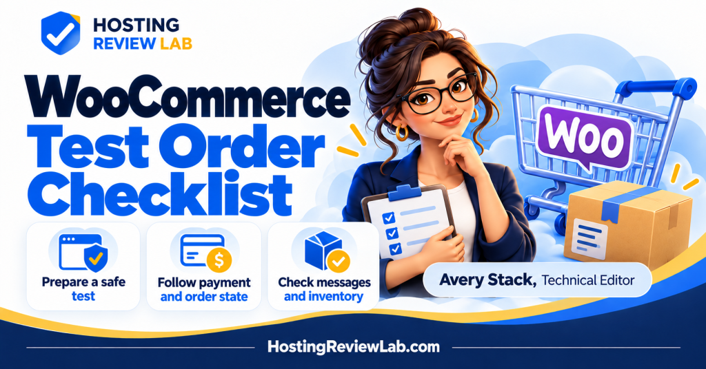 Illustrated WooCommerce Test Order Checklist: Checkout to Fulfilment guide with Hosting Review Lab technical editor Avery Stack