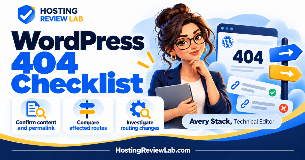 Illustrated WordPress 404 Permalink Checklist: Routes, Rewrites and Real Missing Pages guide with Hosting Review Lab technical editor Avery Stack