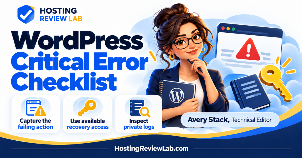 Illustrated WordPress Critical Error Checklist: Logs, Recovery and Verification guide with Hosting Review Lab technical editor Avery Stack