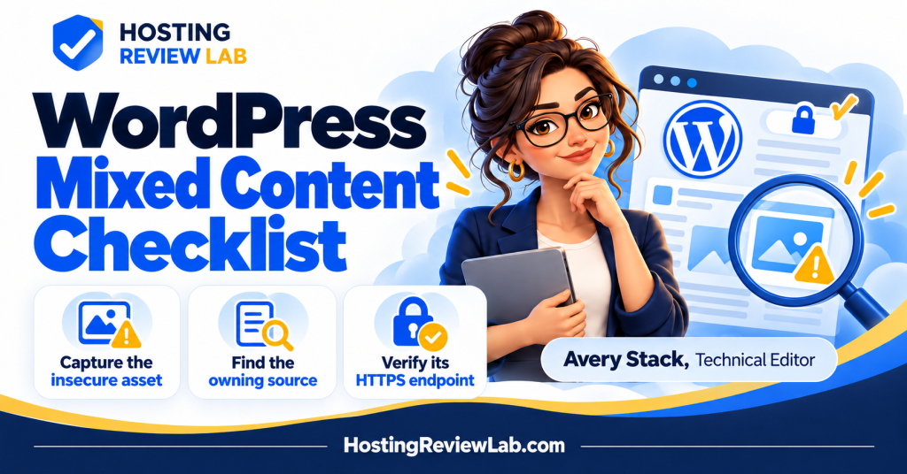 Illustrated WordPress Mixed Content Checklist: Find and Fix HTTP Assets checklist with Hosting Review Lab technical editor Avery Stack