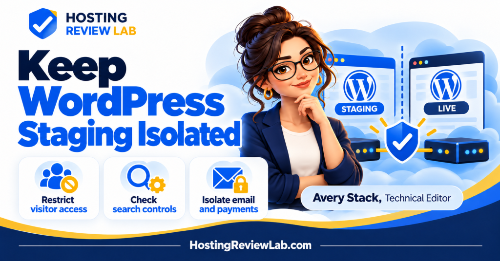 Illustrated WordPress Staging Isolation: Email, Payments and Search Checks guide with Hosting Review Lab technical editor Avery Stack