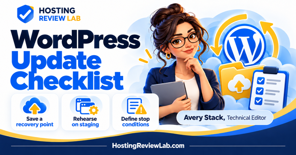 Illustrated WordPress Update Checklist: Back Up, Test and Verify guide with Hosting Review Lab technical editor Avery Stack
