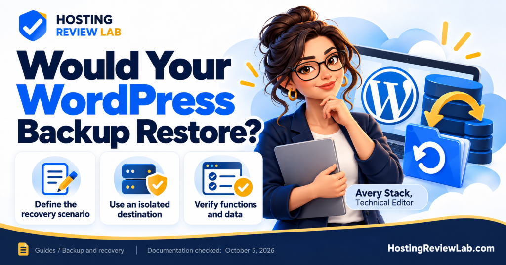 Illustrated Would Your WordPress Backup Restore? guide with Hosting Review Lab editor Avery Stack