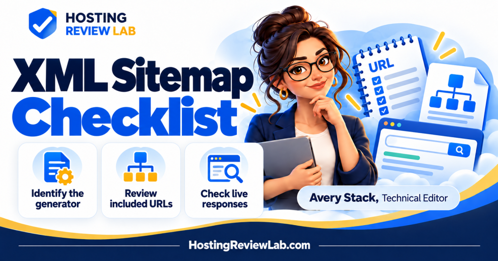 Illustrated XML Sitemap Verification Checklist: URLs, Responses and Search Console checklist with Hosting Review Lab technical editor Avery Stack